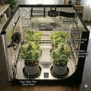 Illustration of a Screen of Green (Scrog) trellis net installed in a 3x3 grow tent for canopy management.