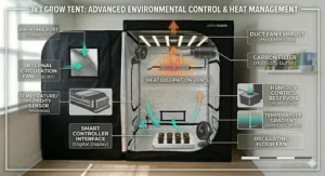 Illustration showing heat dissipation and placement of oscillating fans for temperature control in a 3x3 grow tent.
