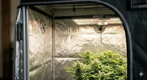 A detailed photorealistic close-up view inside a 2x2 grow tent showing the diamond-patterned reflective Mylar lining and LED panel illumination.