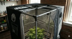 A photorealistic close-up of the robust steel frame poles and durable corner connectors that provide structure to a 2x2 grow tent.