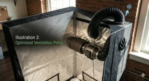 A photorealistic close-up view of the reinforced ventilation ports and ducting on a 2x2 grow tent with a graphical overlay highlighting airflow.