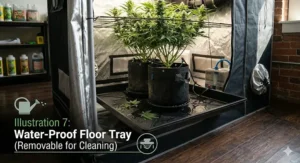 A photorealistic close-up of the textured black plastic removable waterproof floor tray at the base of an open 2x2 grow tent.