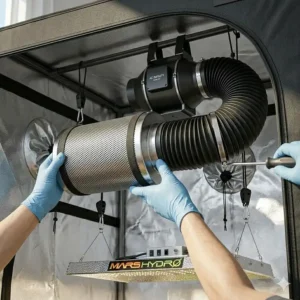 Detailed illustration showing how to hang a carbon filter and fan inside a small 3x3 grow tent.
