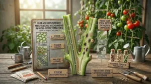 Illustration of disease-resistant tomato plants grown from the highest yielding tomato seeds in a garden.