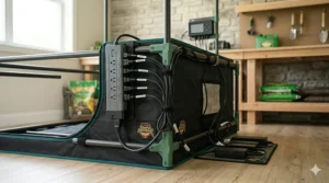 Properly managed power strips and cords organized safely outside a 2x4 grow tent setup.