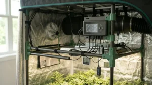 Digital hygrometer showing optimal temperature and humidity levels for a 2x4 indoor grow room.