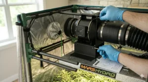 Inline duct fan and carbon filter installation for odor control in a 2x4 grow tent setup.