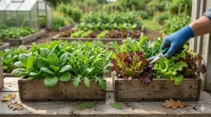 A photorealistic 4K illustration of two wooden window boxes overflowing with dense baby spinach, rocket, and mixed lettuces, being harvested by a gloved hand on a sunlit sill.