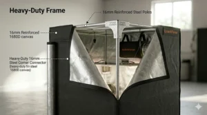 Illustration of the reinforced steel poles and corner connectors that support the Spider Farmer 2x2 tent structure.