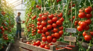 Close-up illustration of dense, heavy tomato clusters on a vine grown from high-yield seeds.