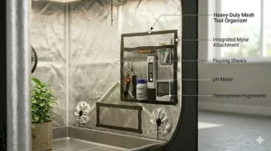 A detailed view of the interior mesh tool bag located inside the Spider Farmer 2x2 tent for organizing gardening accessories.