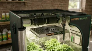 Top-down view of a TS600 LED grow light hanging inside a Mars Hydro 2x2 tent.