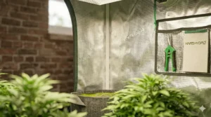 Looking through the easy-view observation window of a Mars Hydro 2x2 tent to check plant health without opening.