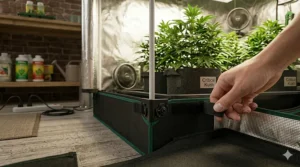 A waterproof removable floor tray at the base of a Mars Hydro 2x2 tent for easy cleaning and spill protection.