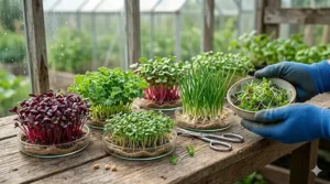 A 4K photorealistic illustration showing five scientific petri dishes displaying diverse microgreens like red arugula, kale, cress, green onions, and daikon radish, ready for a quick fast-growing seed harvest in a greenhouse.