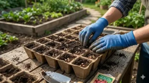 A close-up illustration of hands in gardening gloves planting fast-growing vegetable seeds into biodegradable starter trays on a sunlit workbench.