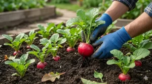 A photorealistic 4K illustration showing a hand in a blue glove pulling a ripe, red radish from a raised garden bed filled with fast-growing vegetable plants.