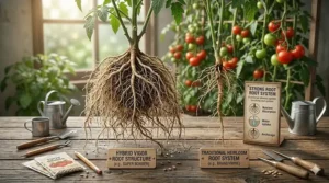 Diagram showing the strong root system of a tomato plant grown from premium high-yielding seeds.
