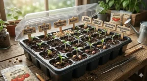 Healthy green sprouts emerging from soil planted with high-yield tomato seeds.