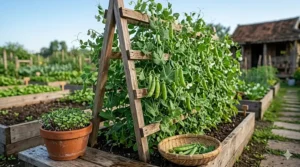 A photorealistic 4K illustration of a sturdy wooden A-frame trellis covered in productive sugar snap pea plants with green leaves, tendrils, flowers, and pods, demonstrating vertical growing for fast-maturing crops.