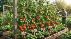 Illustration of a vertical trellis system supporting heavy clusters from highest yielding tomato seeds.