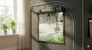 A photorealistic, detailed close-up photograph focusing on the 'EASY VIEW WINDOW' of the Vivosun 2x2 grow tent, where the outer flap is neatly rolled back and secured, exposing the clear observation window which reveals healthy green cannabis plants inside, as seen in the broader setting from previous images, under natural light.