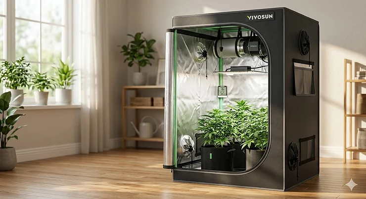 A fully assembled Vivosun 2x2 grow tent with a carbon filter and LED grow light installed in a home setting.