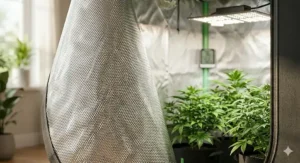 A photorealistic, detailed interior close-up of a Vivosun 2x2 grow tent, highlighting the intricate diamond-patterned mylar lining as it reflects the internal LED light, showing high detail and natural light.