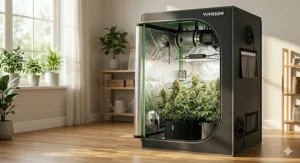 A photorealistic, highly detailed 4K interior photograph looking into a Vivosun 2x2 grow tent, where a dense canopy of healthy, lush green cannabis plants in full bloom stage, covered in mature, resinous flower buds, densely fills the small 2x2 space under a full-spectrum LED grow light, referencing previous visual context and illuminated by a mixture of LED and natural daylight.