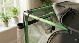 A photorealistic, highly detailed 4K photograph showing the close-up assembly of the green metal poles and a corner connector of a Vivosun 2x2 grow tent frame, referencing the visual elements from previous images and illuminated by natural light.