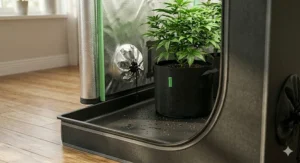 A photorealistic, highly detailed 4K close-up photograph focusing on the base interior of a Vivosun 2x2 grow tent, where the black removable waterproof floor tray is slightly pulled forward, displaying its texture and some minor use, in a domestic setting, referencing the surrounding elements from previous images and illuminated by soft natural light.
