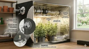 Diagram highlighting the dual-layer cinching duct ports on a 1680D grow tent for carbon filters and inline fans.