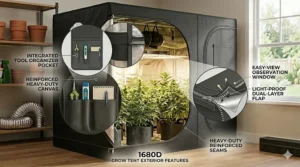 Graphic showing the exterior easy-view observation window and convenient tool organizer pouch on a heavy-duty 1680D grow tent.