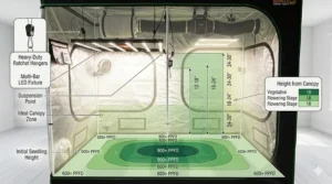 A detailed diagram illustrating the recommended LED light hanging heights and PAR coverage values across a 5x5 grow tent setup for different plant growth stages.
