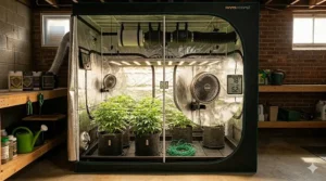 An airflow diagram for a 4x4 grow tent bundle showing the carbon filter, ducting, and exhaust fan configuration for odor control.