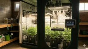 Infographic showing optimal temperature and humidity levels for a 4x4 grow tent bundle setup.
