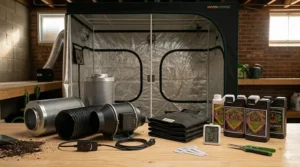 Scale illustration showing the 4x4 grow tent bundle dimensions of 48x48x80 inches with interior plant spacing.