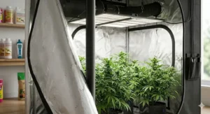 The high-reflectivity diamond Mylar interior of a Cloudlab 4x4 grow tent maximizing light coverage for plants.