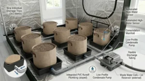 A photorealistic technical illustration of an automated waste water drainage system for a 5x5 grow tent, showing sloped PVC plumbing, drainage trays, and a low-profile condensate pump.