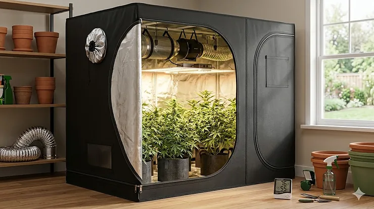 A fully equipped 1680D grow tent with lush green plants inside, featuring LED grow lights and a ventilation system.