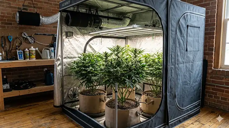 A high-quality grow tent fully set up indoors with thriving green plants, LED grow lights, and a ventilation system.