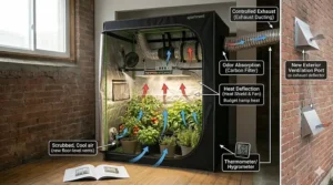 Illustration showing heat dissipation and carbon filter odor control tips for a budget grow tent setup.