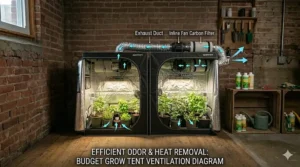 A diagram showing how to set up ventilation, fans, and ducting inside a budget grow tent.