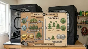 A decision-guide illustration helping indoor gardeners choose between a budget vs premium grow tent based on their setup needs.