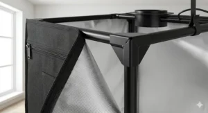 Close-up of the AC Infinity 4x4 Cloudlab 2000D diamond Mylar canvas and heavy-duty steel frame poles.