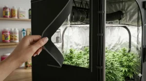 An easy-view observation window on the AC Infinity 4x4 tent allows for plant monitoring without disturbing the environment.