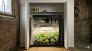 A compact budget grow tent neatly installed inside a bedroom closet for discreet indoor growing.