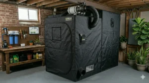 Illustration of the interior view, showcasing the reflective diamond mylar walls inside a Gorilla 4x8 grow tent.