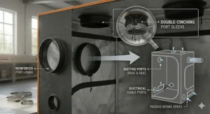 Layout of the double-cinching ventilation and electrical ports on a Gorilla Grow Tent 4x4.