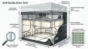 An illustration displaying the exact height, width, and footprint dimensions of a Gorilla Grow Tent 8x8.